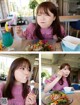 A collage of photos of a woman eating a salad.