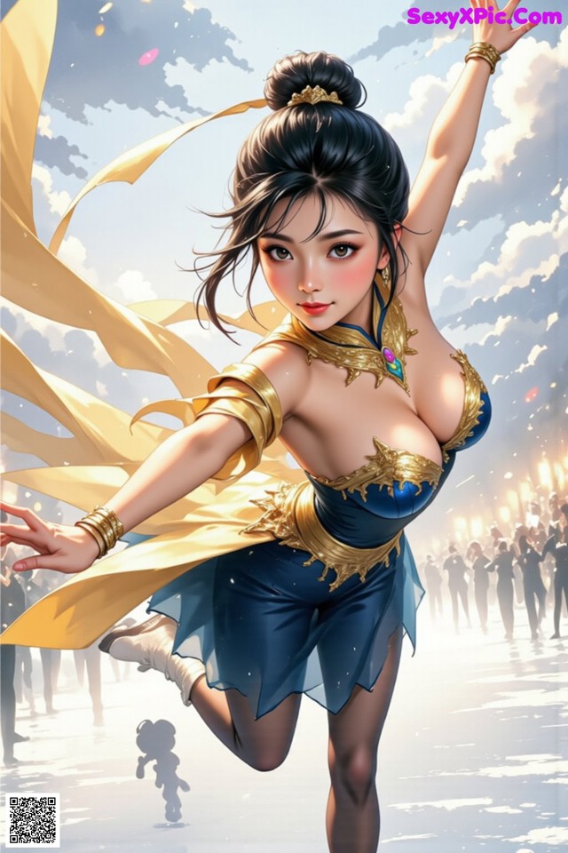 A woman in a blue and gold outfit is dancing.